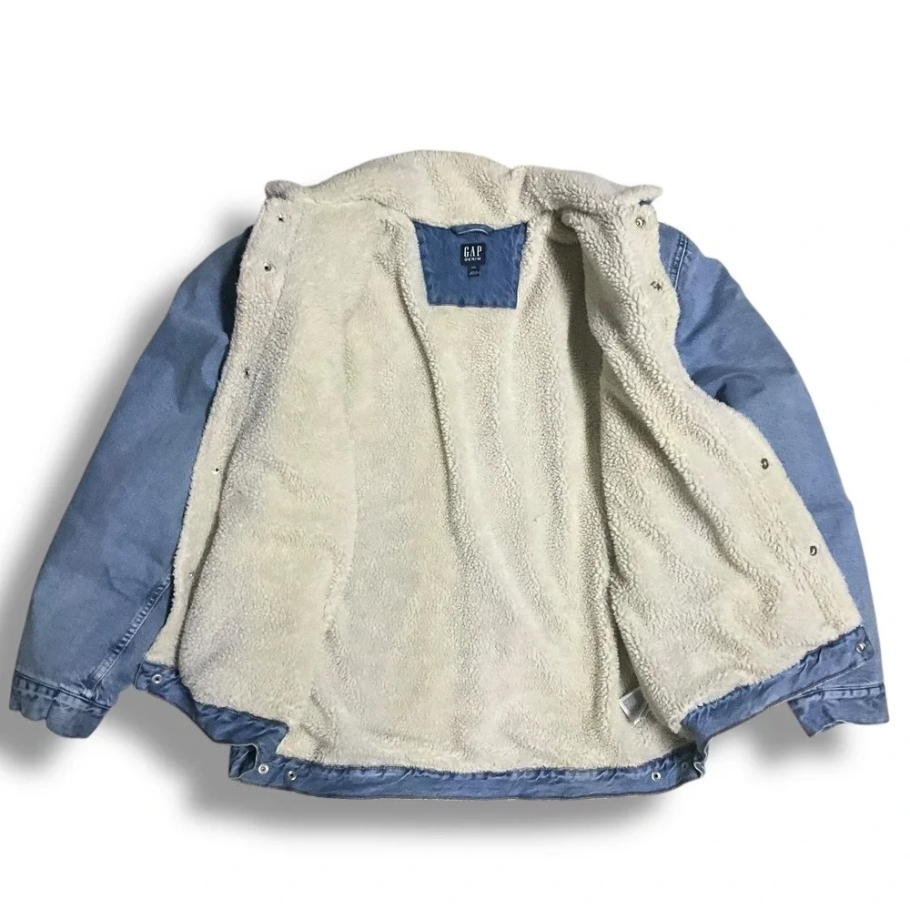 GAP Denim Mens XXL Light Wash Sherpa Lined Trucker Jacket Blue Jean Coat XXL - Picture 6 of 8